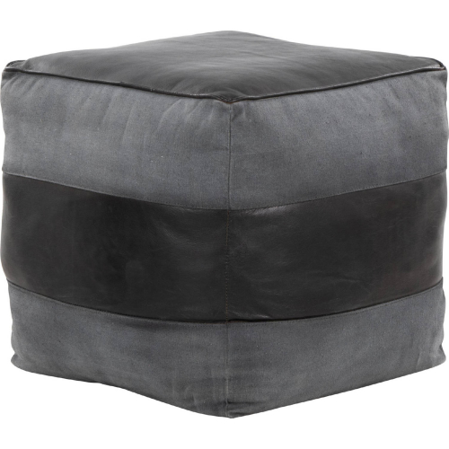 Cobbler Canvas Pouf Ottoman in Black Leather & Grey Canvas